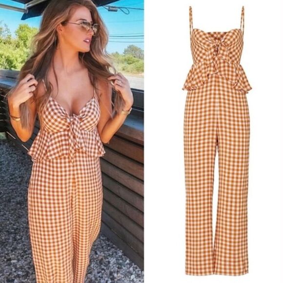SAYLOR Pants - Anthropologie Saylor Laken Orange plaid gingham knot spaghetti ruffle romper